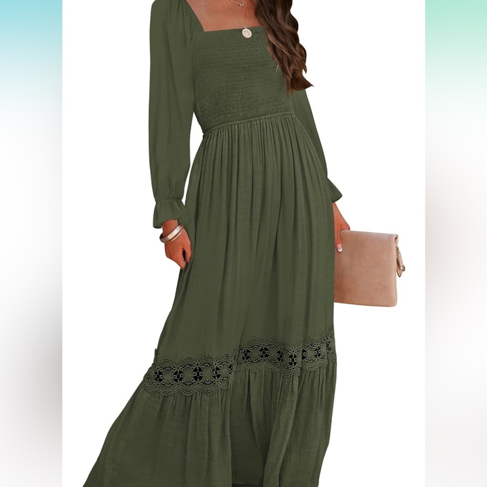 ZESICA Women's Boho Long Sleeve Square Neck Smocked Flowy Maxi Dress